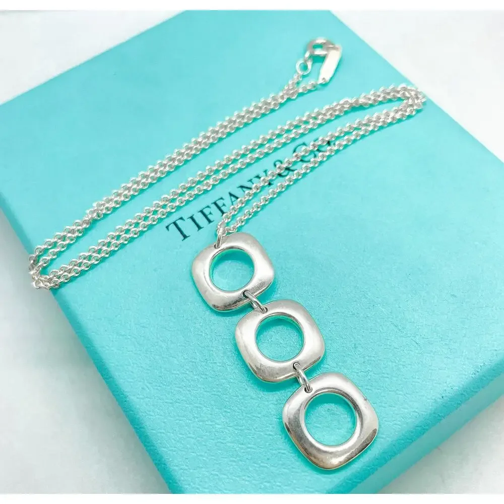 Tiffany & Co. Sterling Silver Triple Cushion Drop Pendant Necklace 16